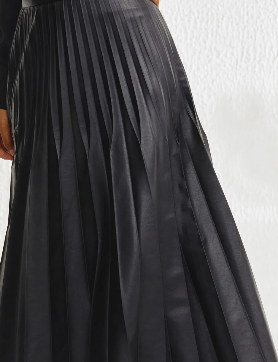 Pleated Leather Skirt Black