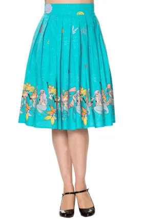 Retro inspired Mermaids Vintage Mermaid Print Pleated Print midi Turquoise Blue skirt