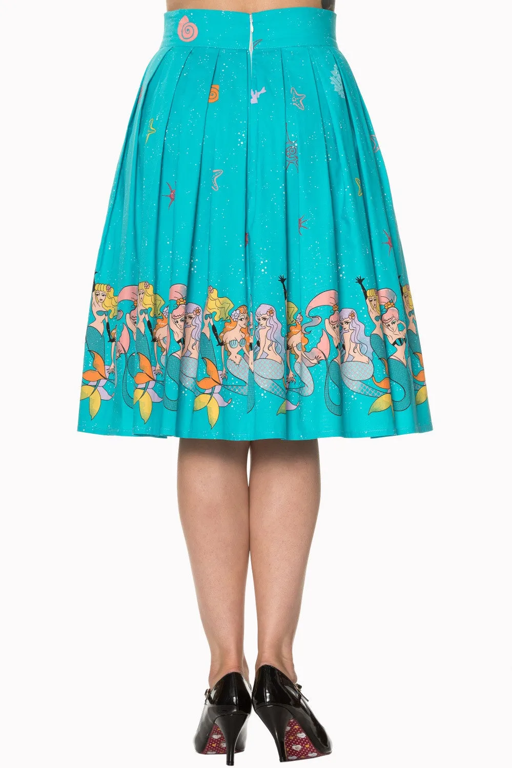 Retro inspired Mermaids Vintage Mermaid Print Pleated Print midi Turquoise Blue skirt