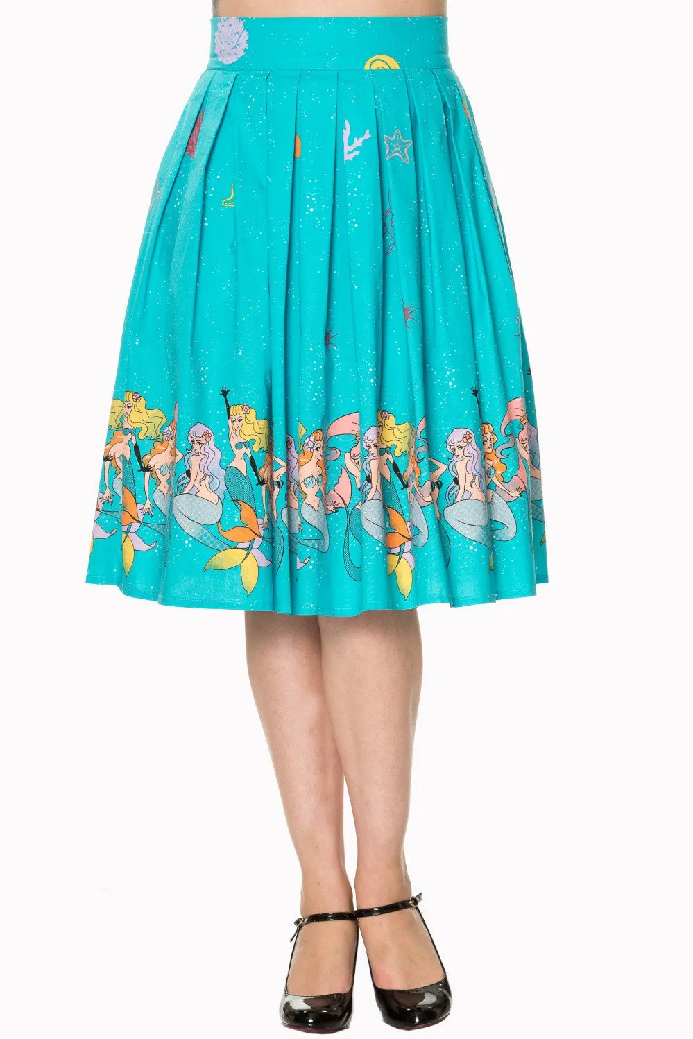 Retro inspired Mermaids Vintage Mermaid Print Pleated Print midi Turquoise Blue skirt