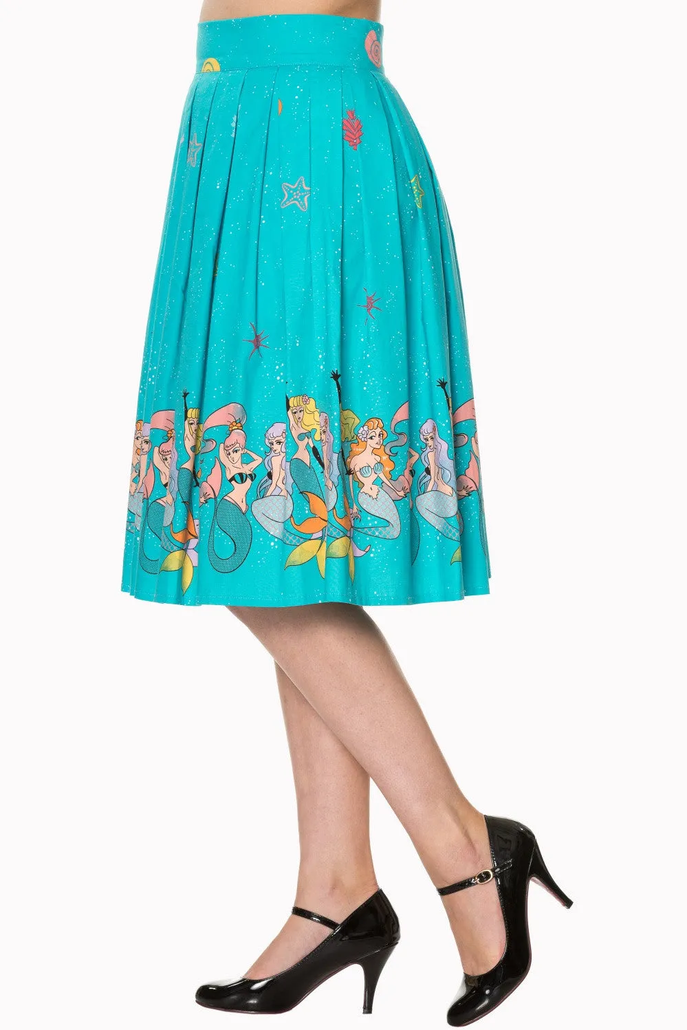 Retro inspired Mermaids Vintage Mermaid Print Pleated Print midi Turquoise Blue skirt