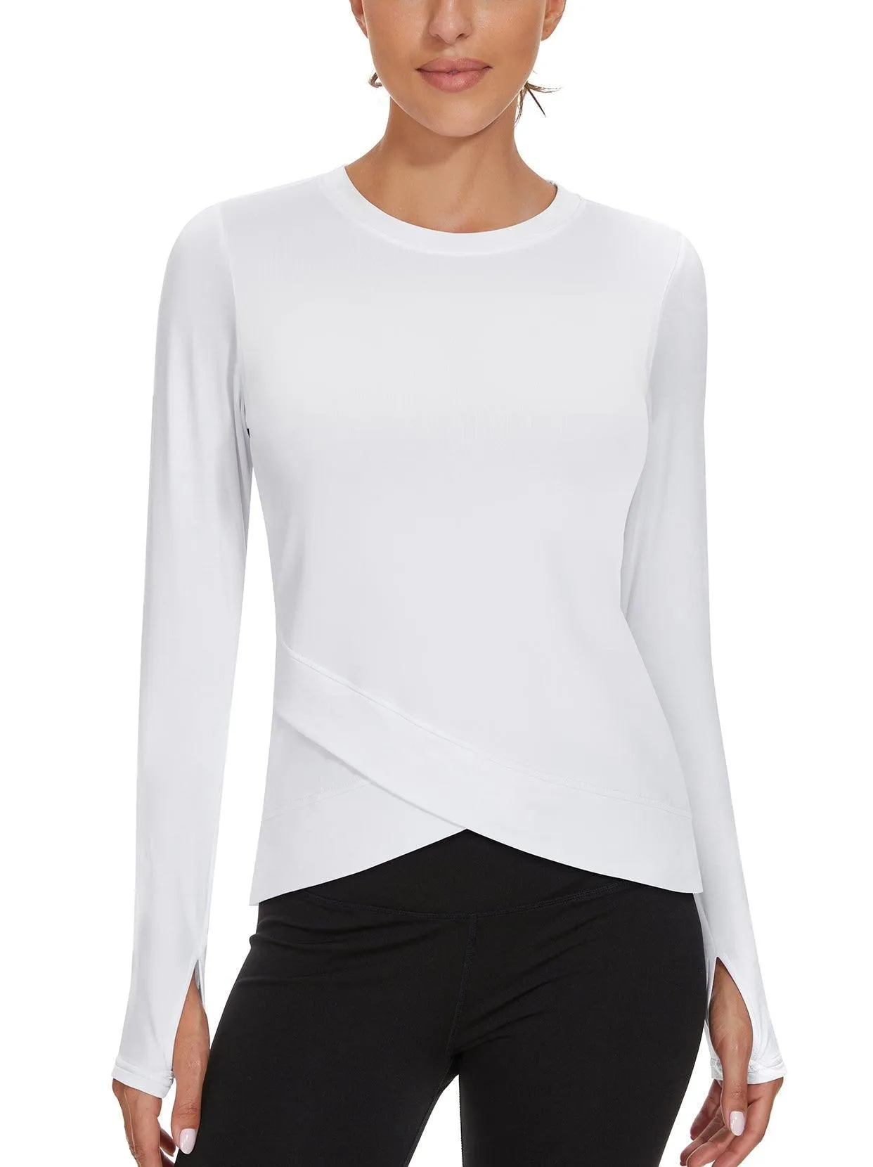 Solid White Crew-neck Crossed Hem Long-sleeve Thermal Top for Women