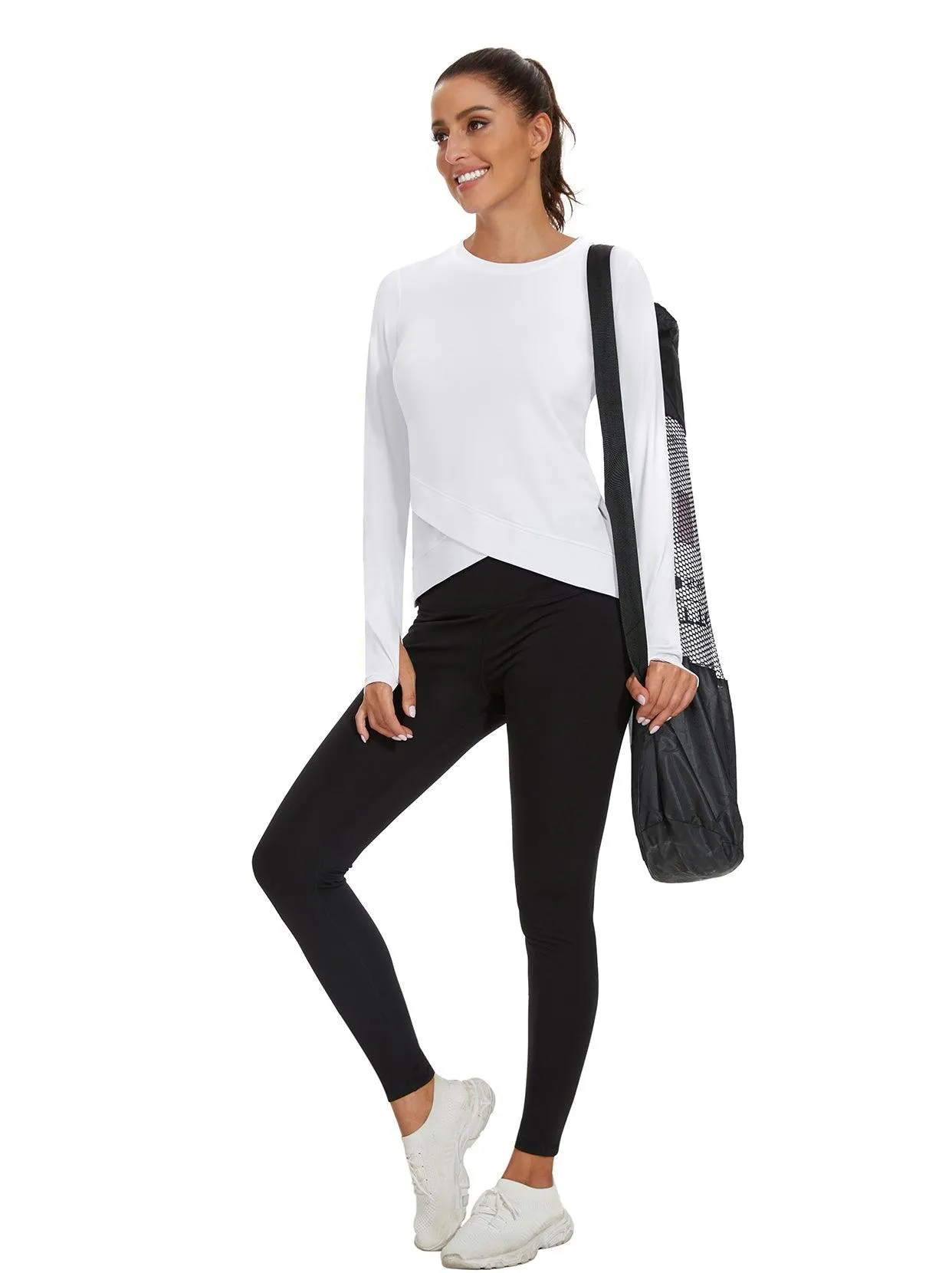 Solid White Crew-neck Crossed Hem Long-sleeve Thermal Top for Women