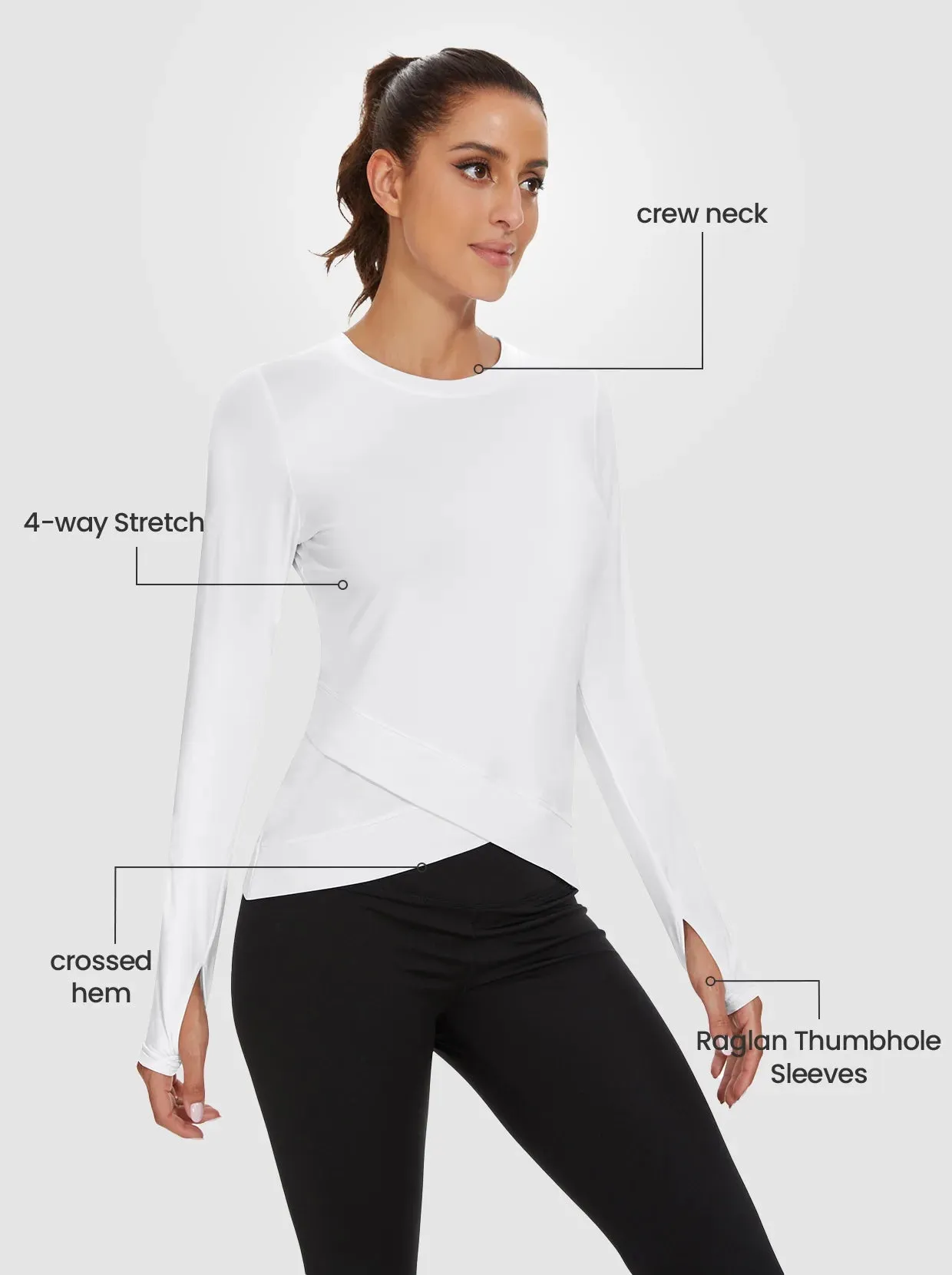 Solid White Crew-neck Crossed Hem Long-sleeve Thermal Top for Women