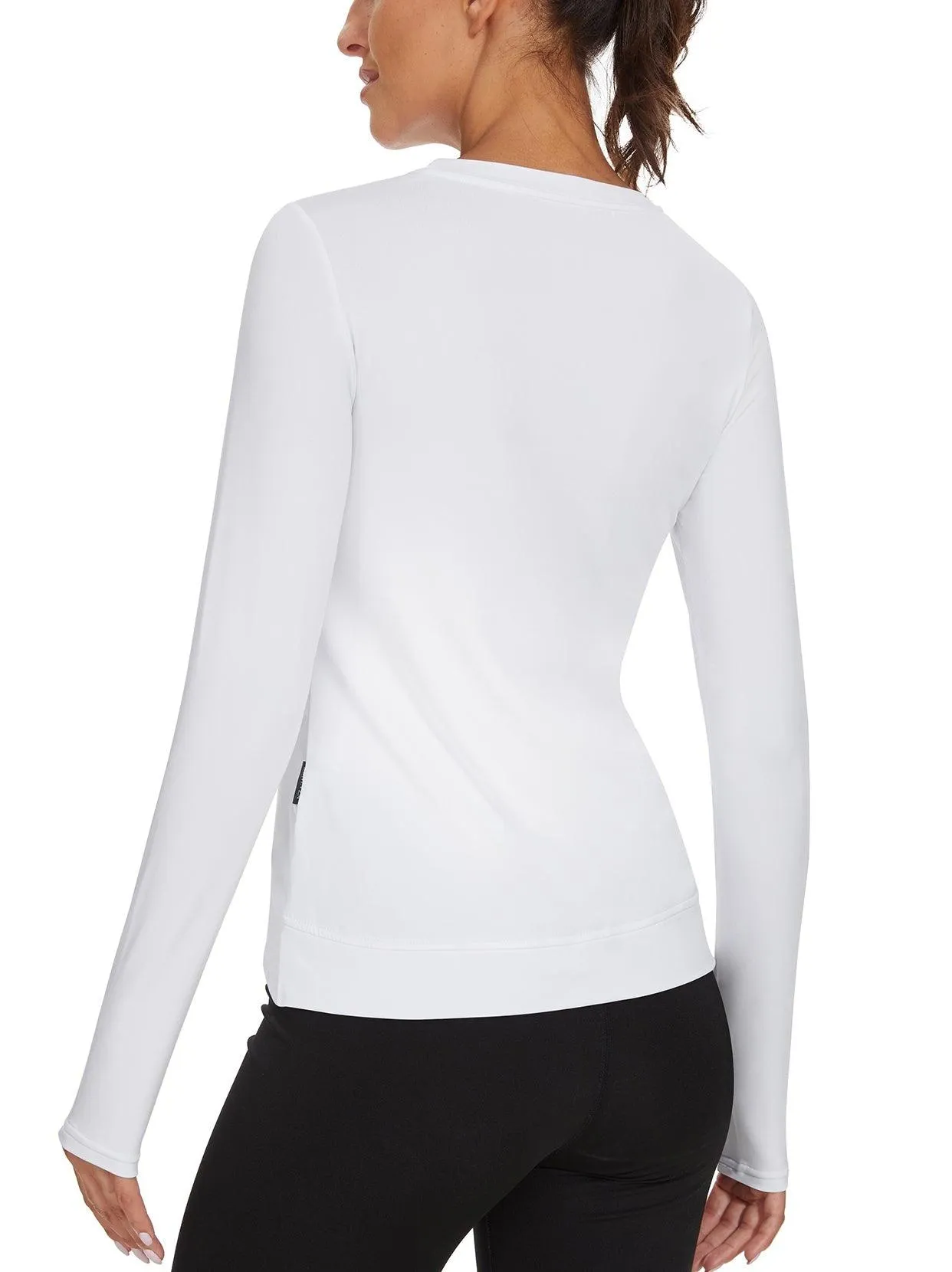 Solid White Crew-neck Crossed Hem Long-sleeve Thermal Top for Women