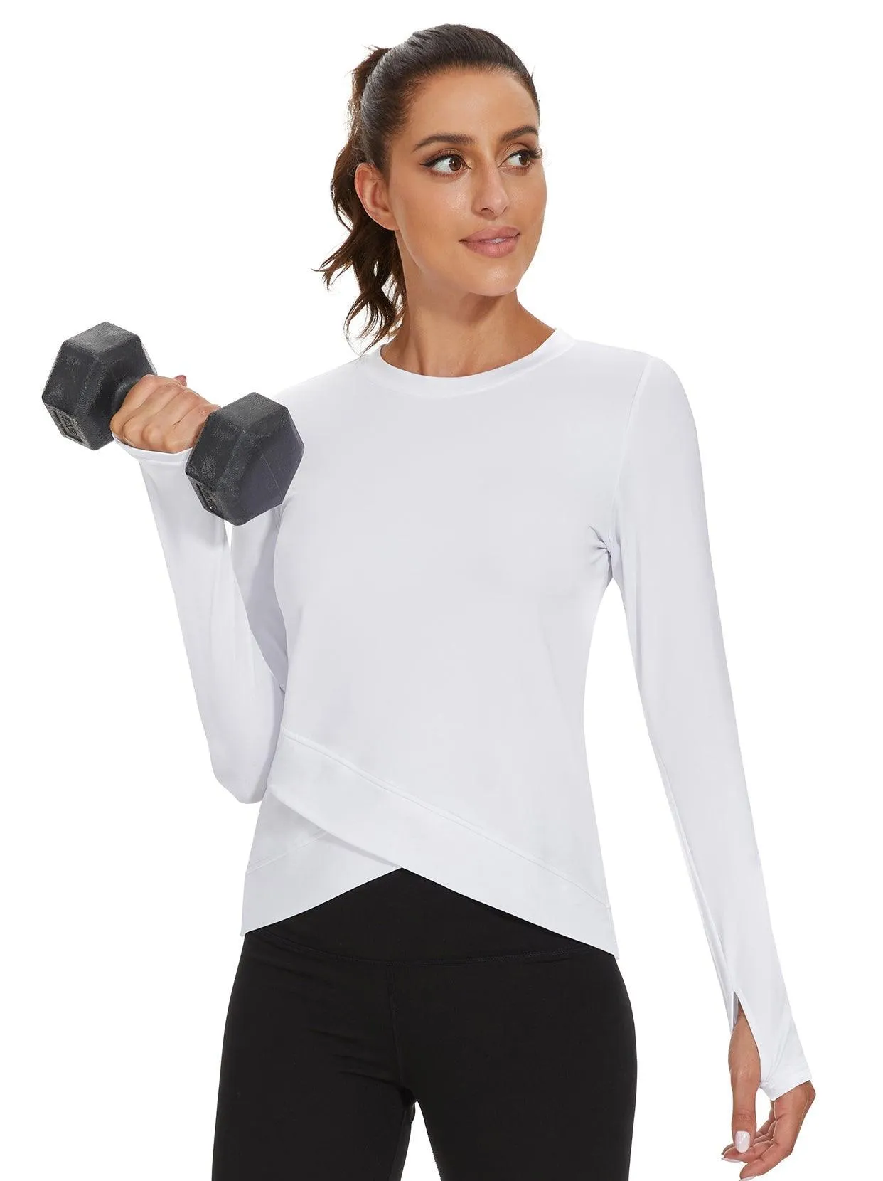 Solid White Crew-neck Crossed Hem Long-sleeve Thermal Top for Women