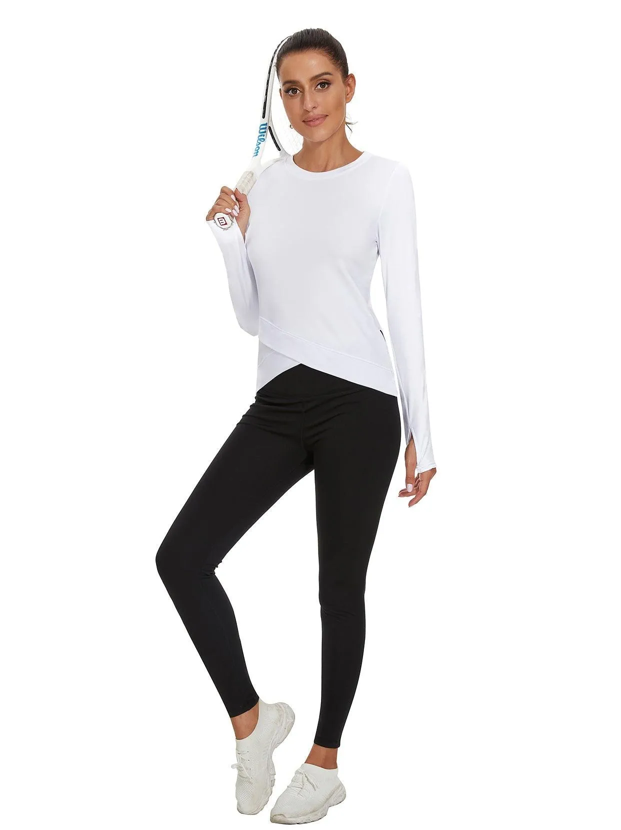 Solid White Crew-neck Crossed Hem Long-sleeve Thermal Top for Women