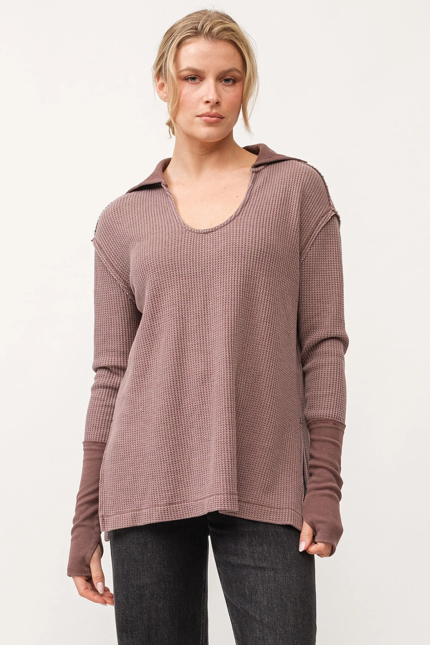 TANYA V-NECK OVERSIZED LONG SLEEVE TOP MARRON