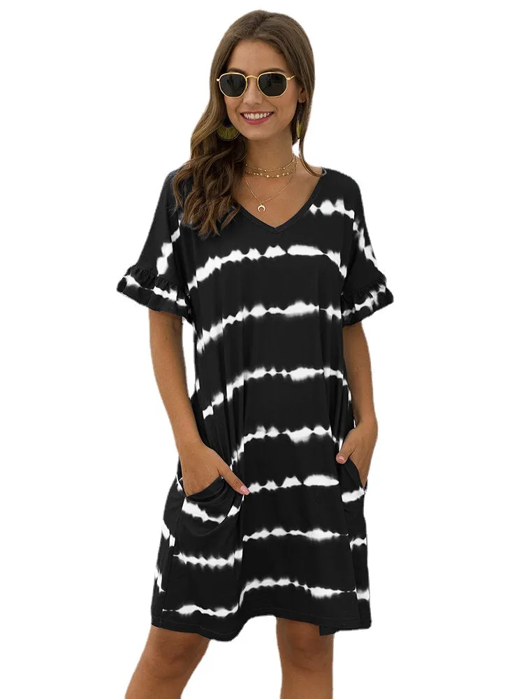 Tie Dye Print V-neck Short Sleeve Shirt Mini Dress