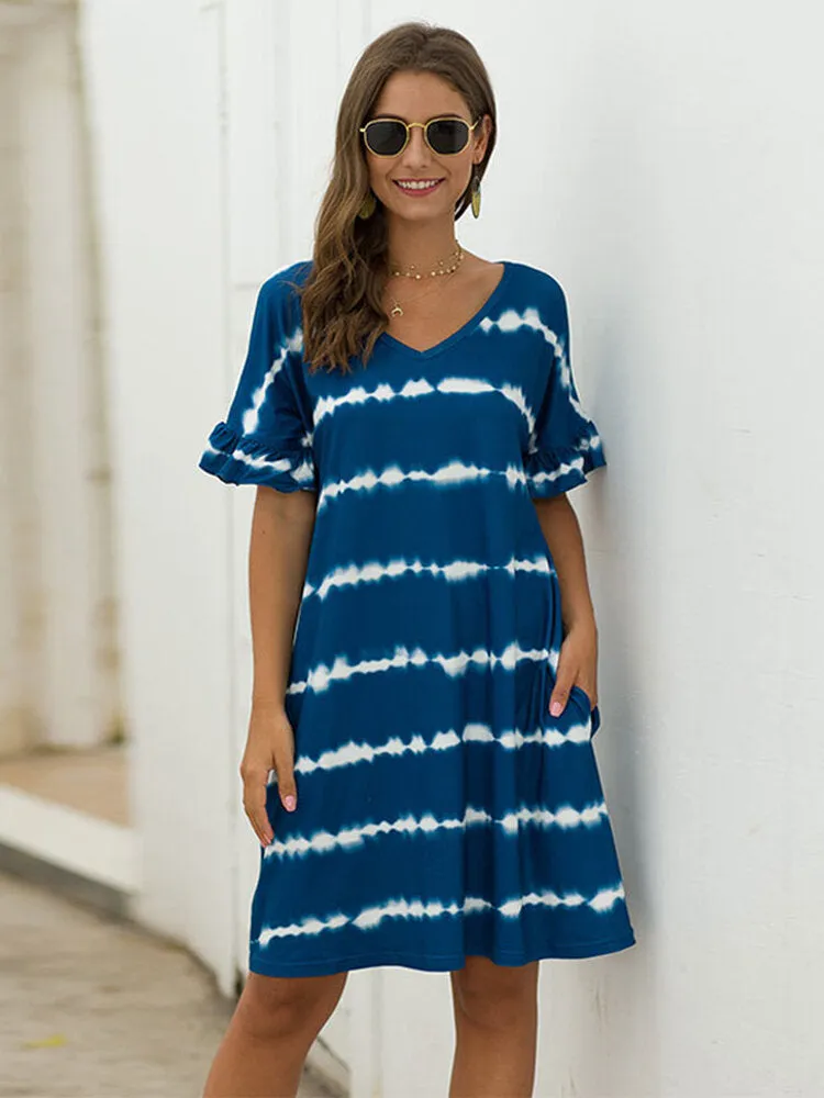 Tie Dye Print V-neck Short Sleeve Shirt Mini Dress