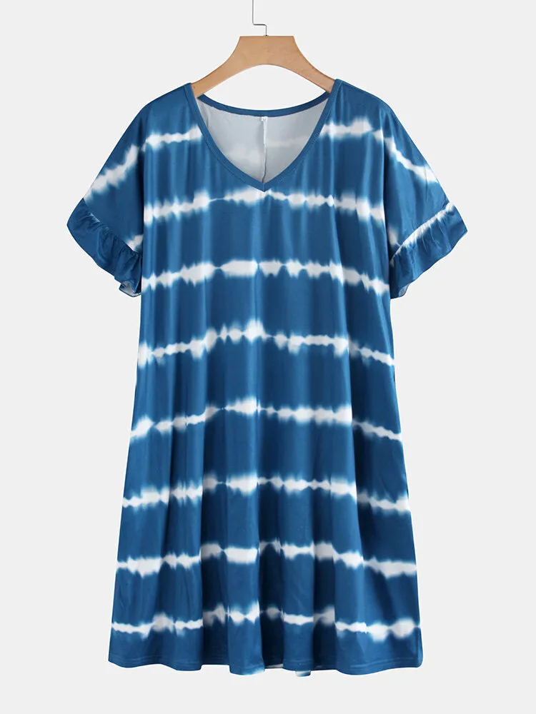 Tie Dye Print V-neck Short Sleeve Shirt Mini Dress
