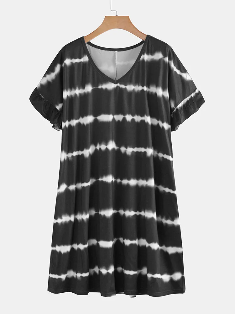 Tie Dye Print V-neck Short Sleeve Shirt Mini Dress