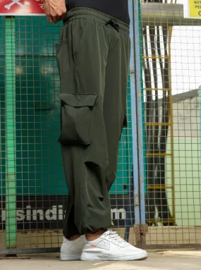 Unisex Baggy Fit Olive Parachute Cargo Trousers