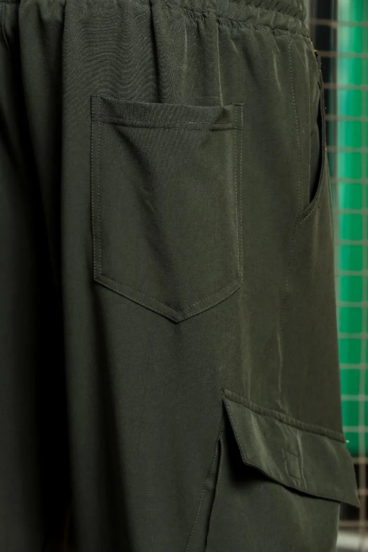 Unisex Baggy Fit Olive Parachute Cargo Trousers