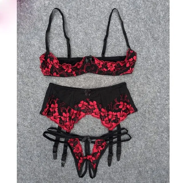 VenusFox Intimates Embroidery Lingerie and Panty with Garters Set