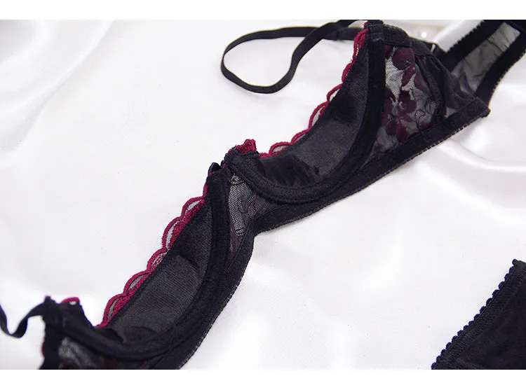 VenusFox Intimates Embroidery Lingerie and Panty with Garters Set
