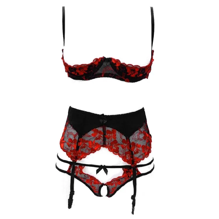 VenusFox Intimates Embroidery Lingerie and Panty with Garters Set