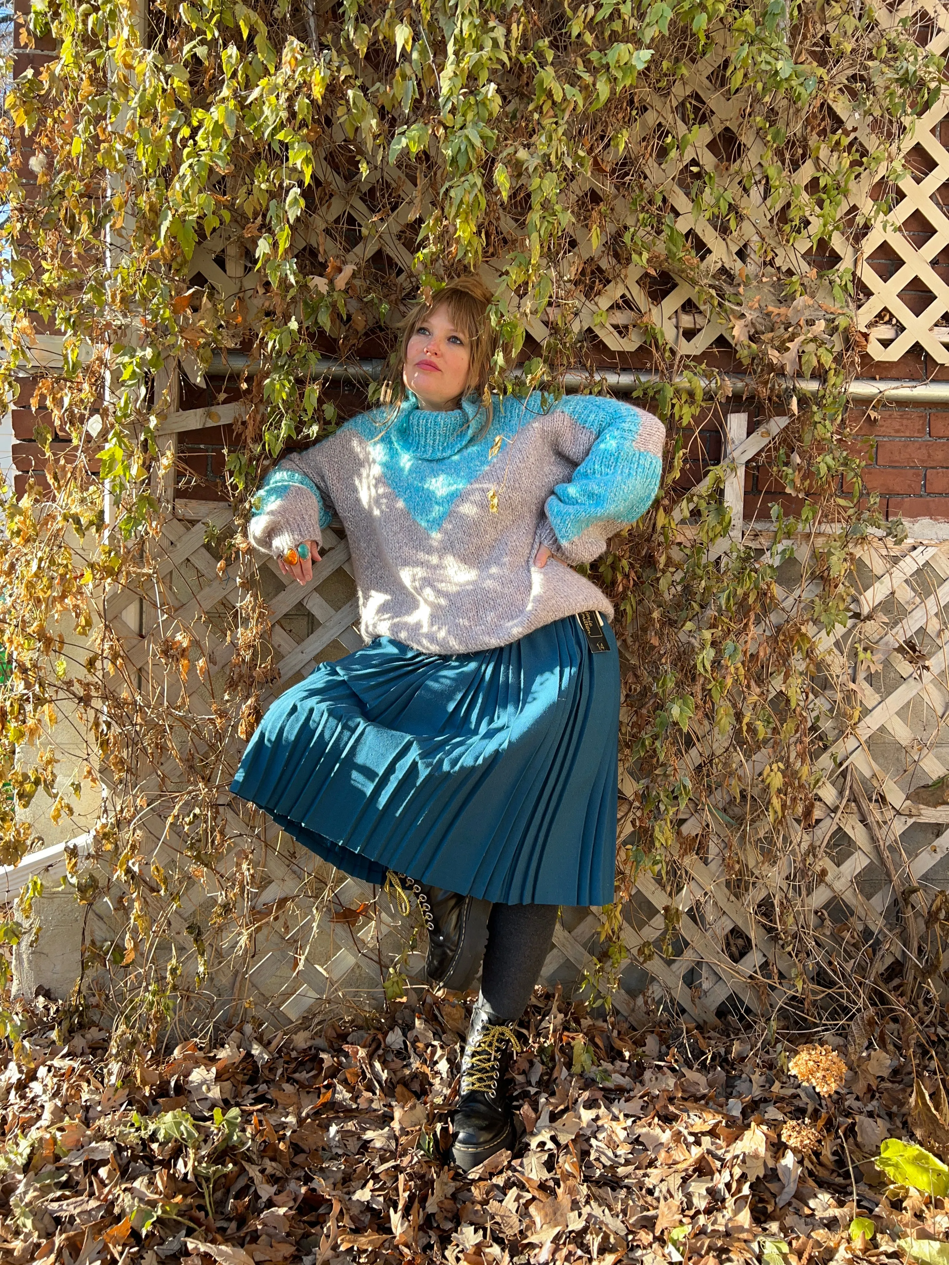 Vintage 70's Dark Teal 100% Wool Pleated Midi Skirt (With Tags Still On)