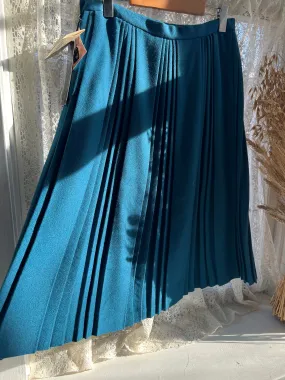 Vintage 70's Dark Teal 100% Wool Pleated Midi Skirt (With Tags Still On)